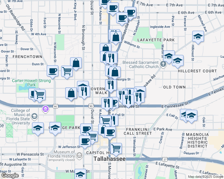 map of restaurants, bars, coffee shops, grocery stores, and more near 503 North Monroe Street in Tallahassee