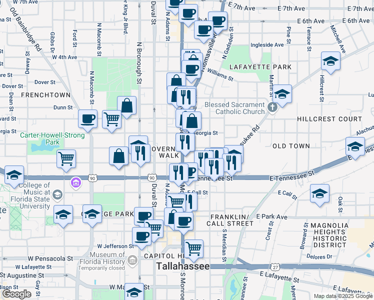 map of restaurants, bars, coffee shops, grocery stores, and more near 441 North Monroe Street in Tallahassee