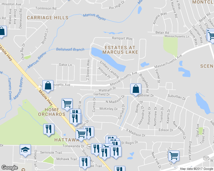 map of restaurants, bars, coffee shops, grocery stores, and more near 2454 Massachusetts Avenue in Pensacola