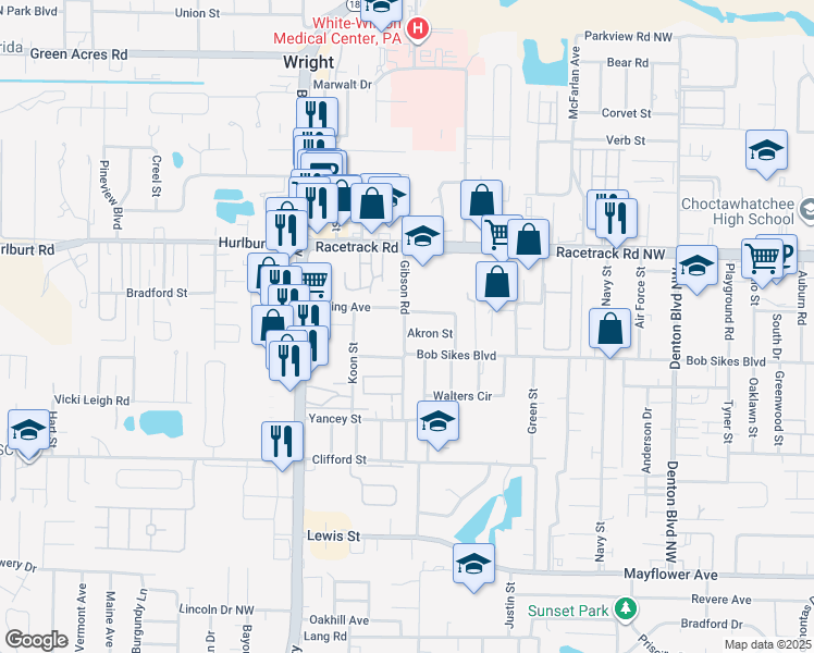map of restaurants, bars, coffee shops, grocery stores, and more near 100 Akron Street in Fort Walton Beach