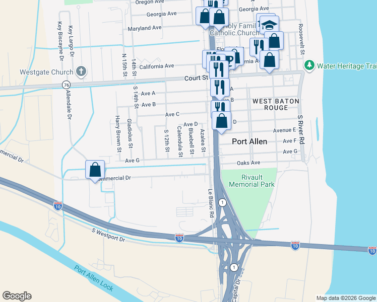 map of restaurants, bars, coffee shops, grocery stores, and more near 710 Bluebell Street in Port Allen