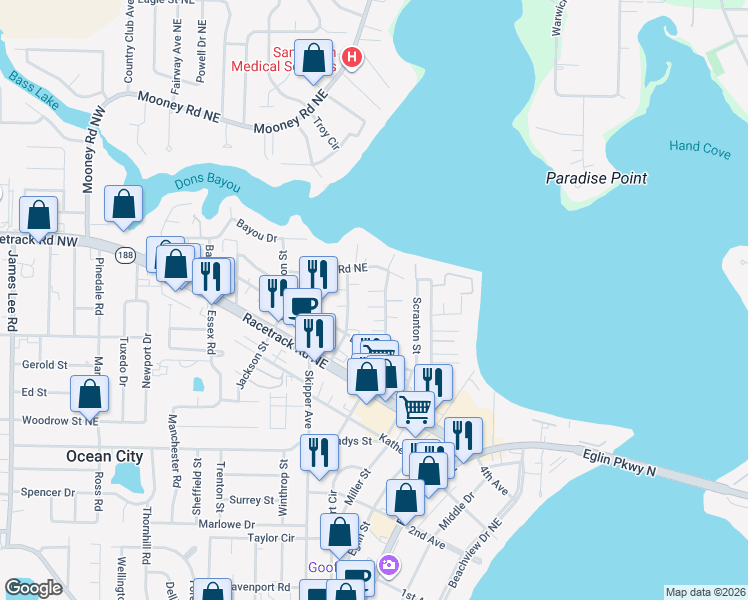 map of restaurants, bars, coffee shops, grocery stores, and more near 107 Doodle Avenue in Fort Walton Beach
