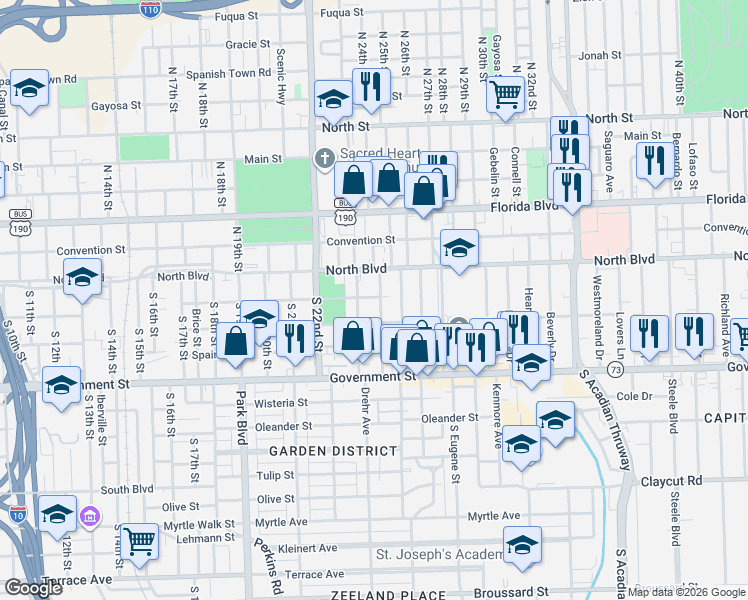map of restaurants, bars, coffee shops, grocery stores, and more near 2305 America Street in Baton Rouge