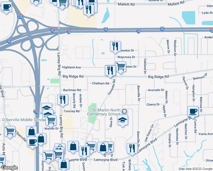 map of restaurants, bars, coffee shops, grocery stores, and more near 3033 Chatham Rd in D'Iberville
