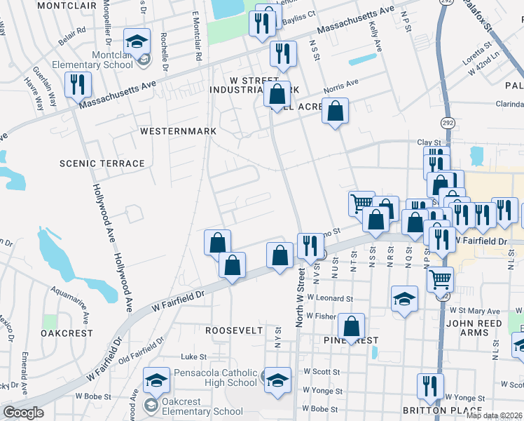 map of restaurants, bars, coffee shops, grocery stores, and more near 2900 Melody Lane in Pensacola