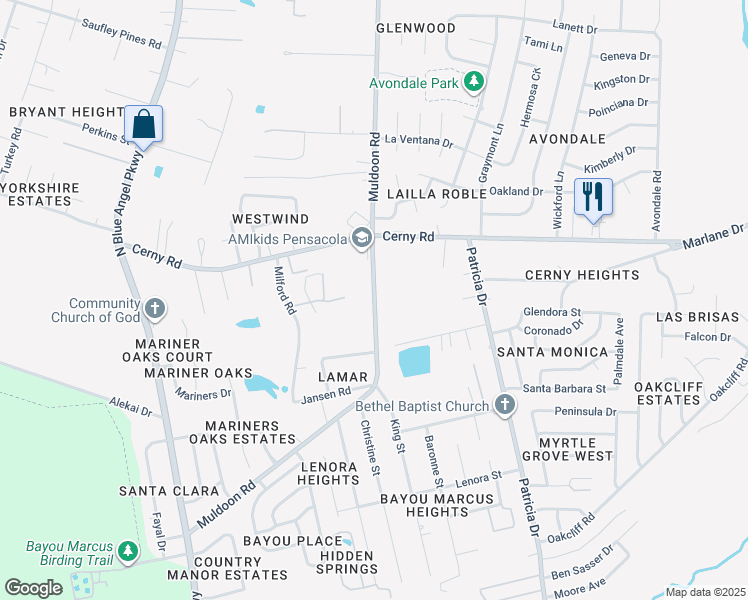 map of restaurants, bars, coffee shops, grocery stores, and more near 3601 Muldoon Road in Pensacola