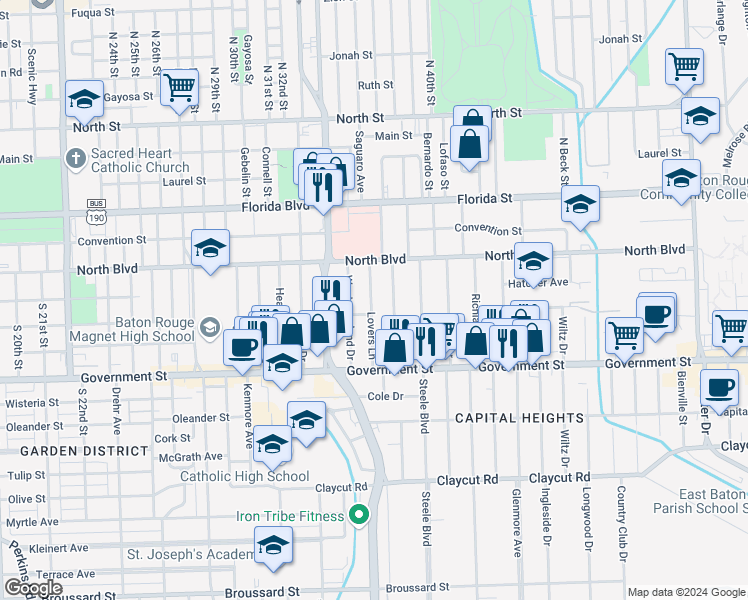 map of restaurants, bars, coffee shops, grocery stores, and more near 220 West Drive in Baton Rouge