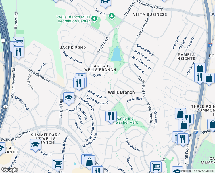 map of restaurants, bars, coffee shops, grocery stores, and more near 14814 Great Willow Drive in Austin