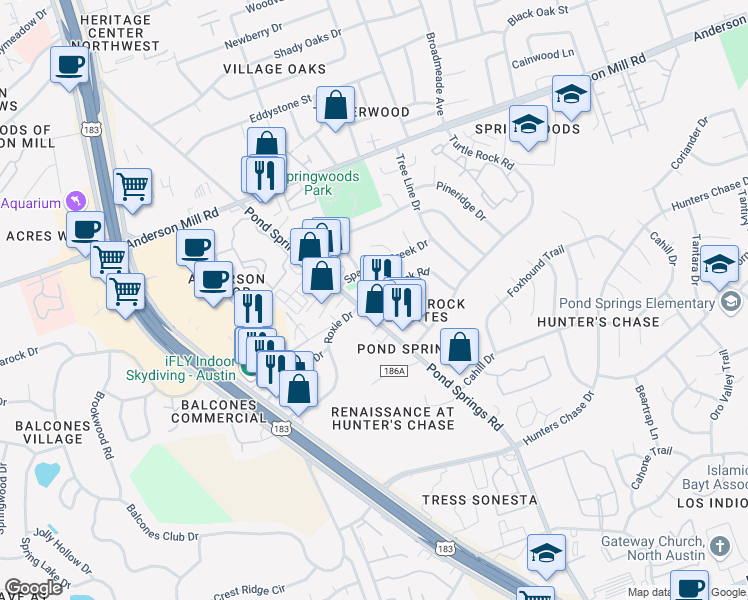 map of restaurants, bars, coffee shops, grocery stores, and more near 8907 Schick Road in Austin