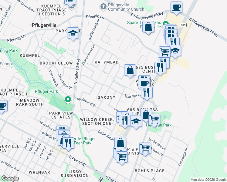 map of restaurants, bars, coffee shops, grocery stores, and more near 1020 Pine Creek Drive in Pflugerville