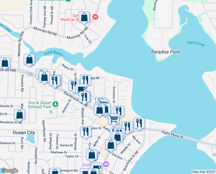 map of restaurants, bars, coffee shops, grocery stores, and more near 156 Rickey Avenue in Fort Walton Beach