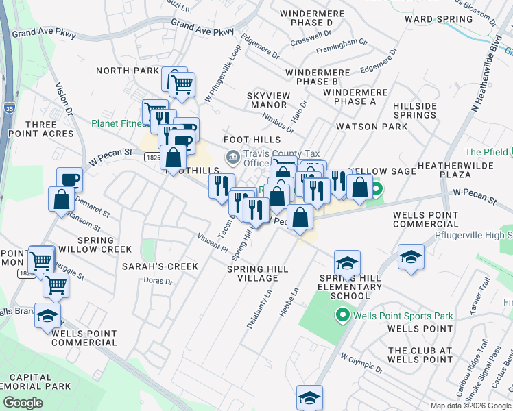 map of restaurants, bars, coffee shops, grocery stores, and more near 2324 West Pecan Street in Pflugerville