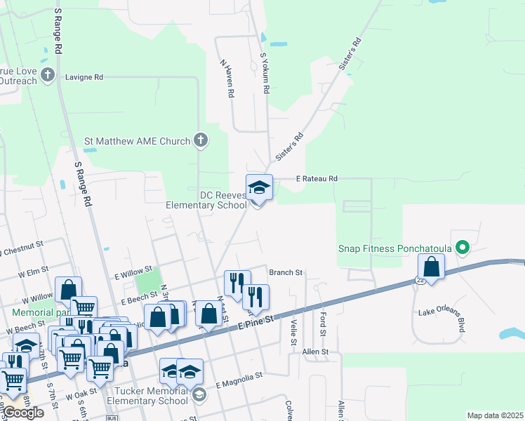map of restaurants, bars, coffee shops, grocery stores, and more near 18026 Sister's Road in Ponchatoula