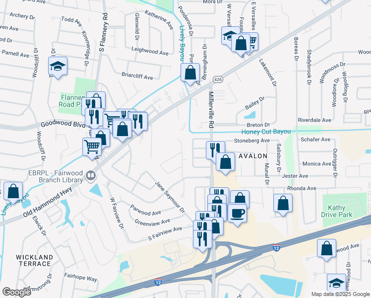 map of restaurants, bars, coffee shops, grocery stores, and more near 1342 Tallwood Drive in Baton Rouge