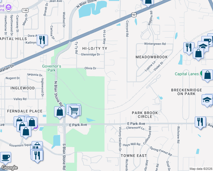 map of restaurants, bars, coffee shops, grocery stores, and more near 516 Forest Green Drive in Tallahassee