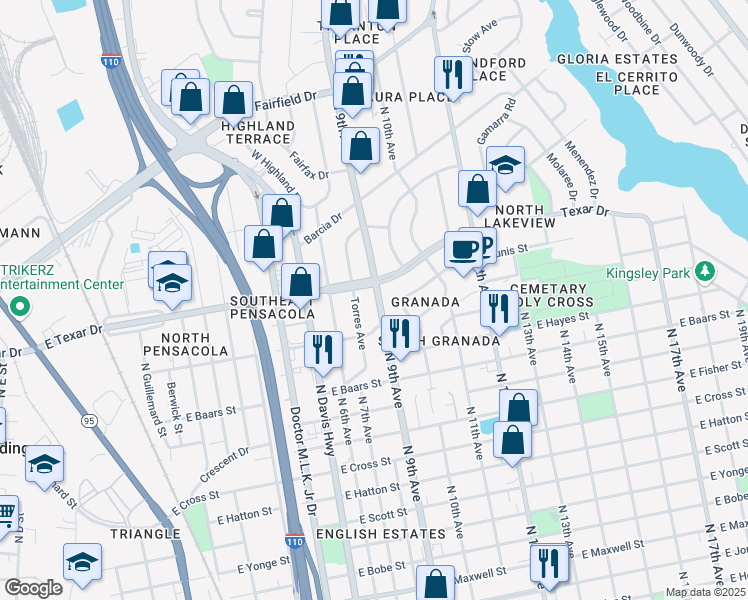 map of restaurants, bars, coffee shops, grocery stores, and more near 3517 North 9th Avenue in Pensacola