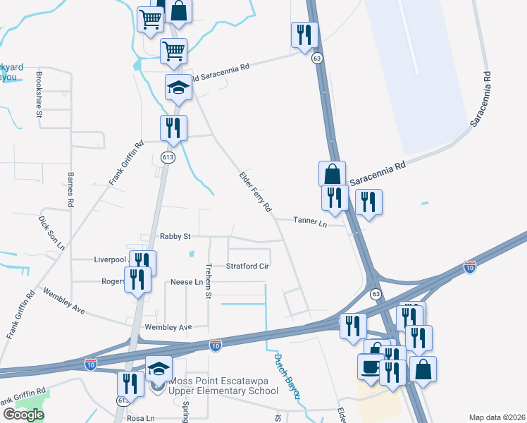 map of restaurants, bars, coffee shops, grocery stores, and more near 7209 Elder Ferry Road in Moss Point