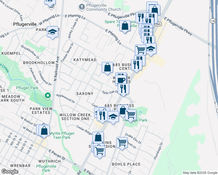 map of restaurants, bars, coffee shops, grocery stores, and more near 1106 Split Oak Cove in Pflugerville