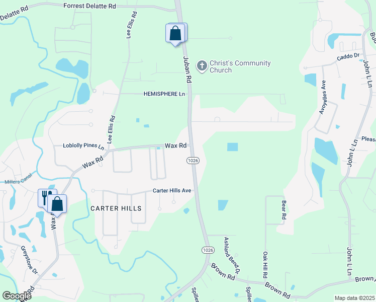 map of restaurants, bars, coffee shops, grocery stores, and more near 26087 Juban Road in Denham Springs