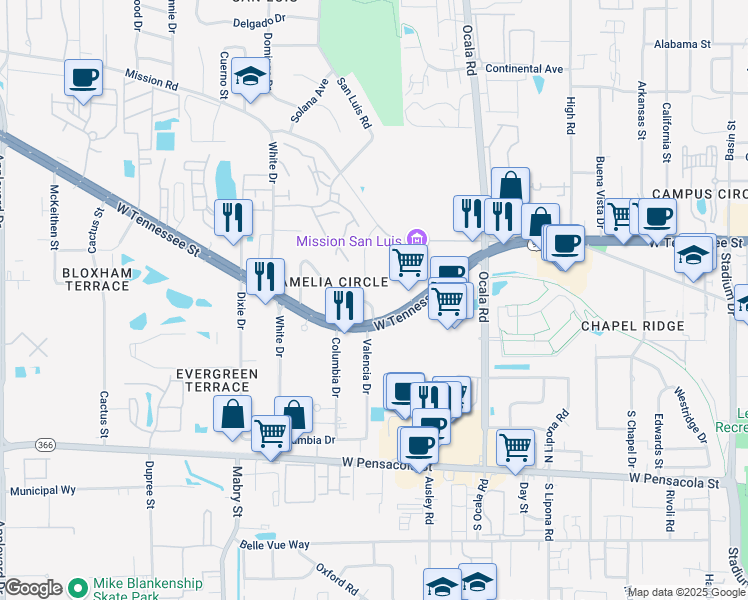 map of restaurants, bars, coffee shops, grocery stores, and more near 2202 Amelia Circle in Tallahassee