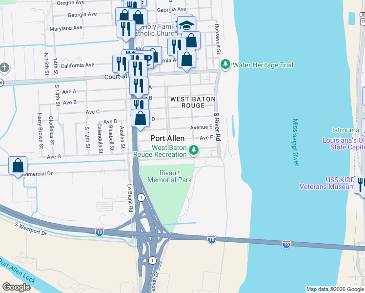 map of restaurants, bars, coffee shops, grocery stores, and more near 536 Avenue G in Port Allen