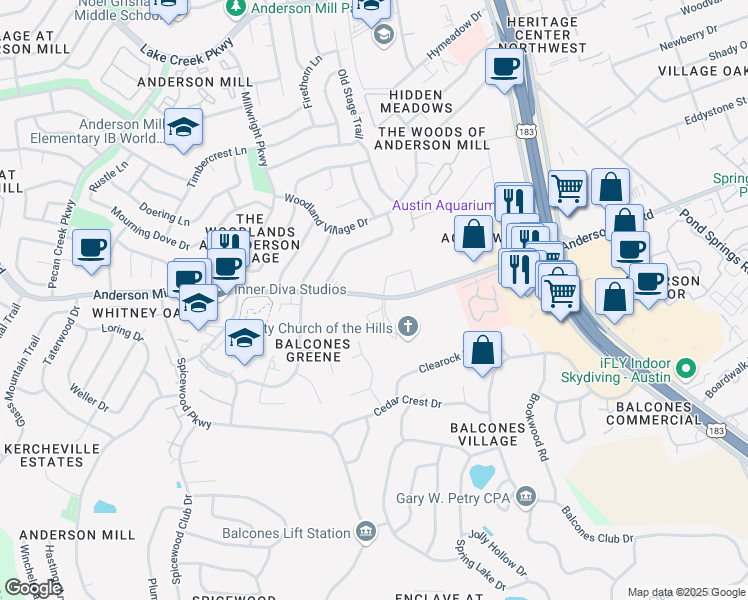 map of restaurants, bars, coffee shops, grocery stores, and more near 9707 Anderson Mill Road in Austin