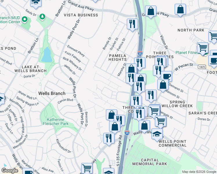 map of restaurants, bars, coffee shops, grocery stores, and more near 1917 Crimson Rosella Trail in Austin
