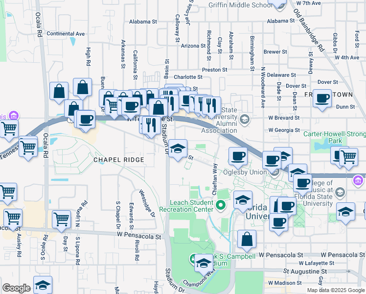 map of restaurants, bars, coffee shops, grocery stores, and more near Hull Drive in Tallahassee