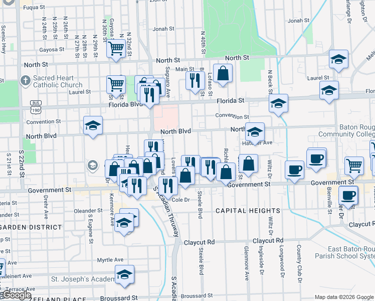 map of restaurants, bars, coffee shops, grocery stores, and more near 220 West Drive in Baton Rouge