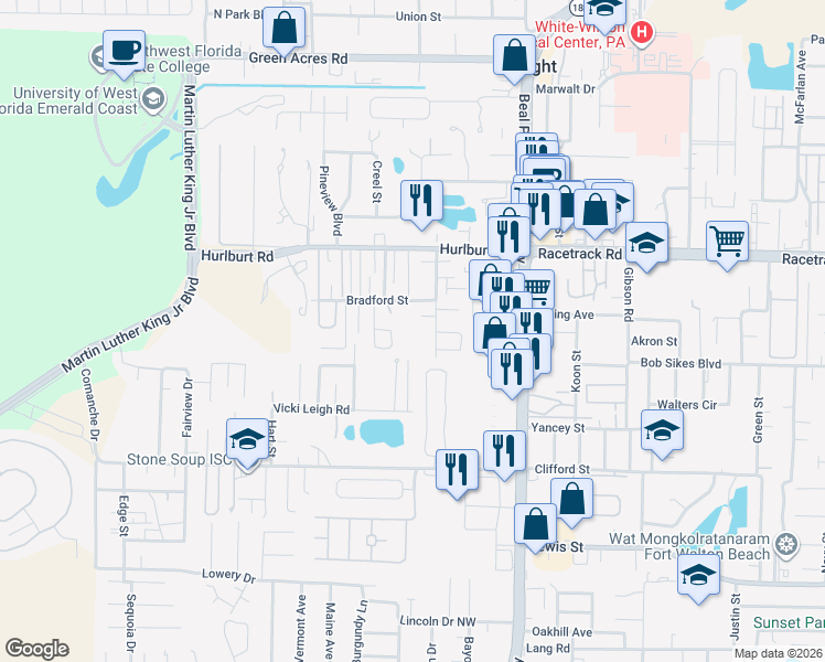 map of restaurants, bars, coffee shops, grocery stores, and more near 2807 Bradford Place Northwest in Fort Walton Beach