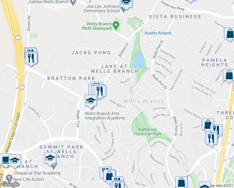 map of restaurants, bars, coffee shops, grocery stores, and more near 2412 Wood Chase Trail in Austin
