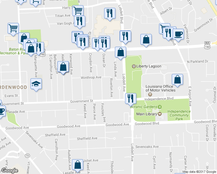 map of restaurants, bars, coffee shops, grocery stores, and more near 376 Riverlon Avenue in Baton Rouge