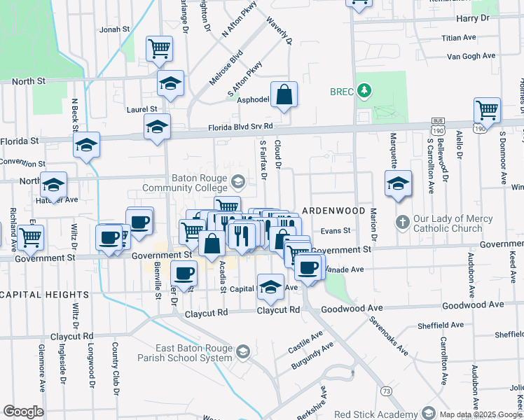 map of restaurants, bars, coffee shops, grocery stores, and more near 380 South Fairfax Drive in Baton Rouge