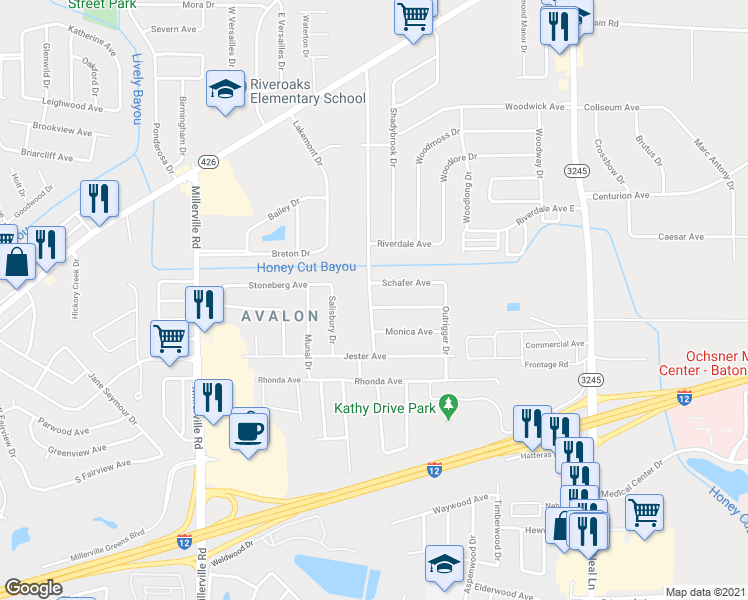 map of restaurants, bars, coffee shops, grocery stores, and more near 1453 Boreas Drive in Baton Rouge