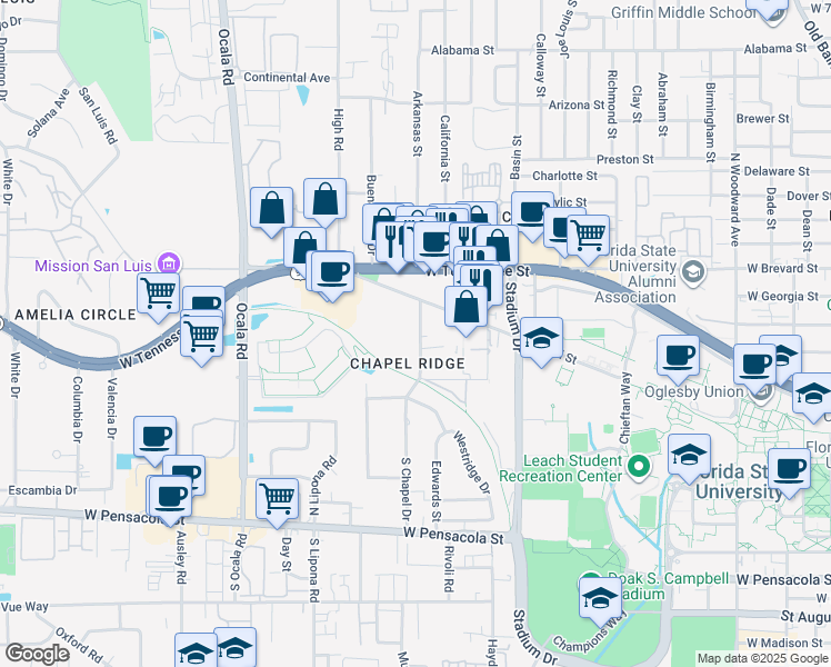 map of restaurants, bars, coffee shops, grocery stores, and more near 493 Chapel Drive in Tallahassee