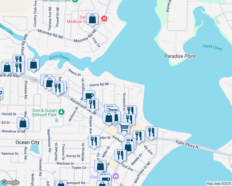 map of restaurants, bars, coffee shops, grocery stores, and more near 156 Rickey Avenue in Fort Walton Beach