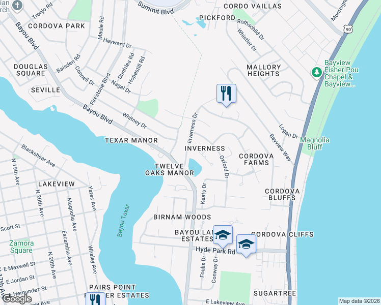 map of restaurants, bars, coffee shops, grocery stores, and more near 2830 Belle Christiane Circle in Pensacola