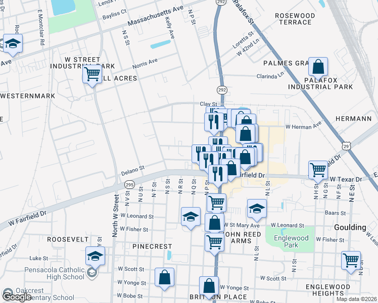 map of restaurants, bars, coffee shops, grocery stores, and more near 2301 Town Street in Pensacola