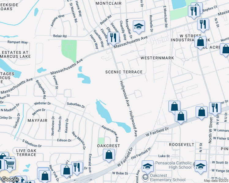 map of restaurants, bars, coffee shops, grocery stores, and more near 3582 Hollywood Avenue in Pensacola
