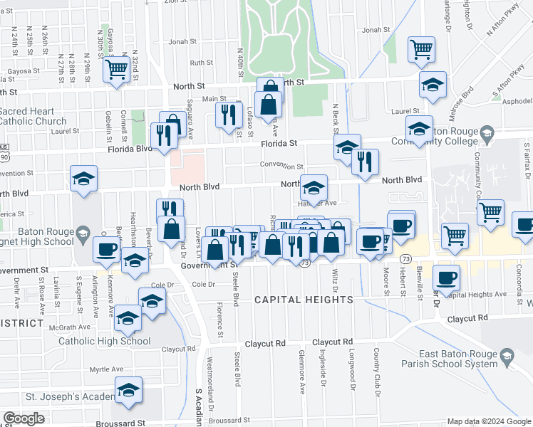 map of restaurants, bars, coffee shops, grocery stores, and more near 233 East Drive in Baton Rouge