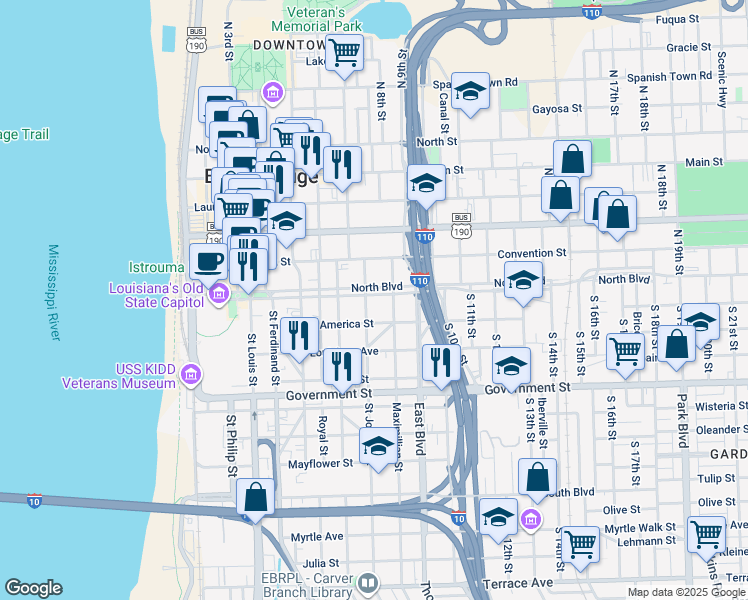 map of restaurants, bars, coffee shops, grocery stores, and more near 838 North Boulevard in Baton Rouge