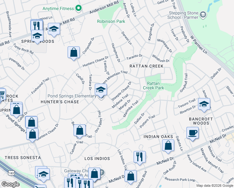 map of restaurants, bars, coffee shops, grocery stores, and more near 12809 Humphrey Drive in Austin