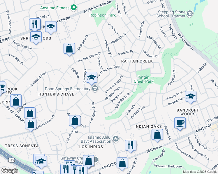 map of restaurants, bars, coffee shops, grocery stores, and more near 12809 Humphrey Drive in Austin