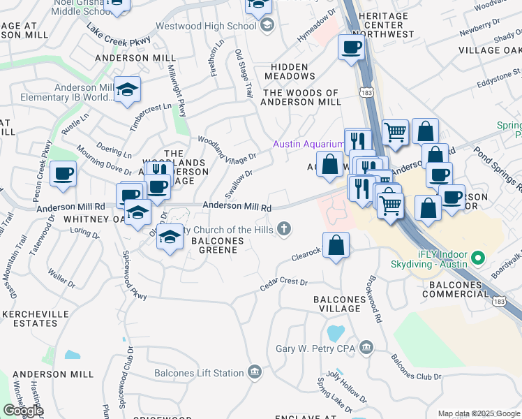 map of restaurants, bars, coffee shops, grocery stores, and more near 9710 Anderson Mill Road in Austin