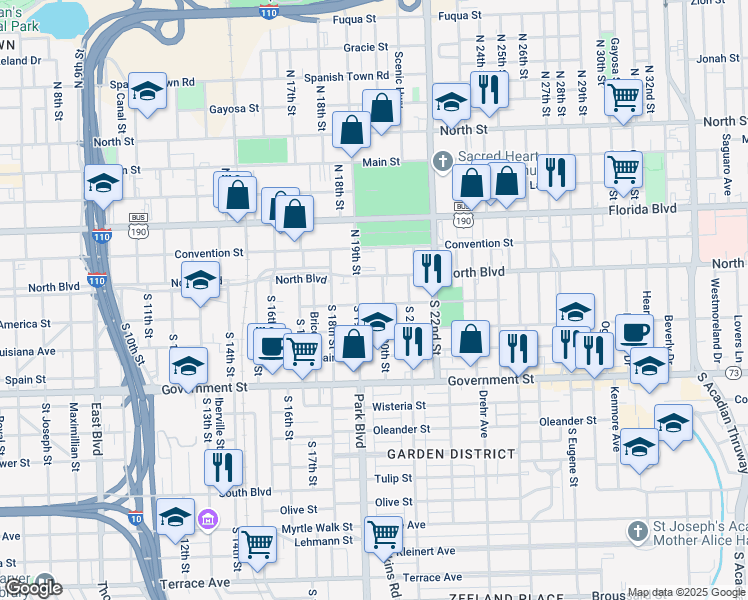 map of restaurants, bars, coffee shops, grocery stores, and more near 1929 America Street in Baton Rouge