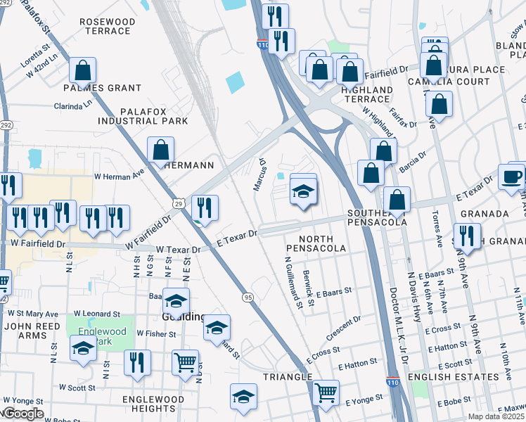 map of restaurants, bars, coffee shops, grocery stores, and more near 3310 Marcus Drive in Pensacola