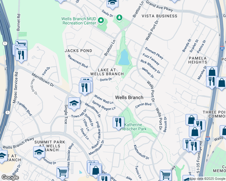 map of restaurants, bars, coffee shops, grocery stores, and more near 14814 Great Willow Drive in Austin
