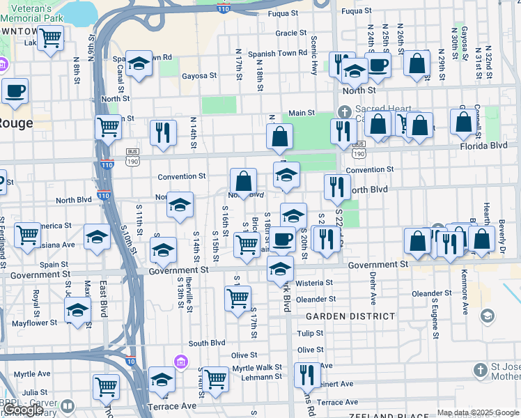 map of restaurants, bars, coffee shops, grocery stores, and more near 1817 America Street in Baton Rouge