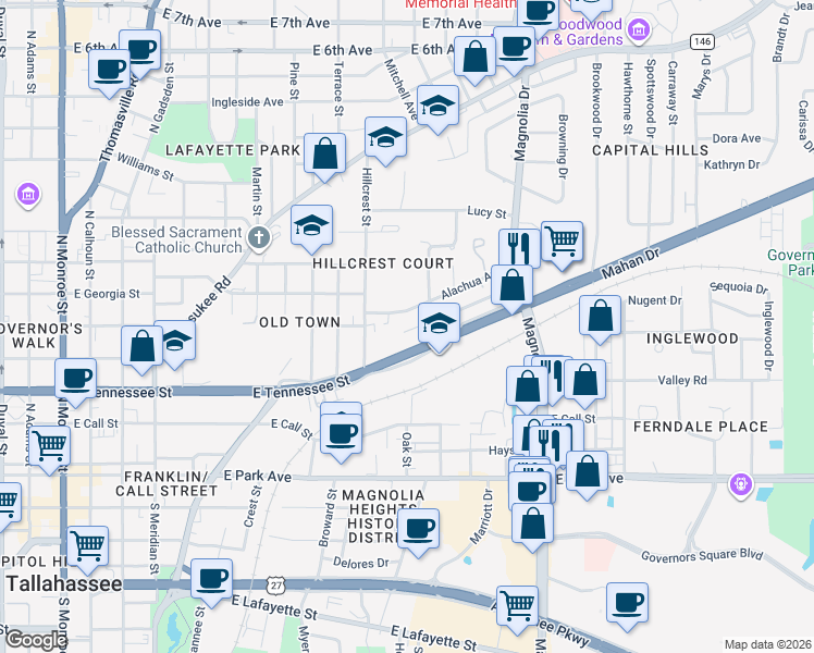 map of restaurants, bars, coffee shops, grocery stores, and more near 1000 Cherry Laurel Street in Tallahassee