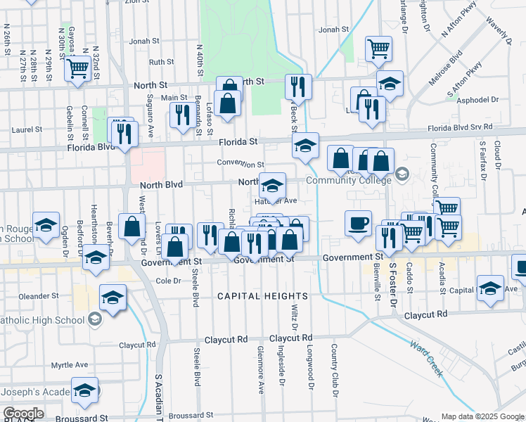 map of restaurants, bars, coffee shops, grocery stores, and more near 241 Edison Street in Baton Rouge